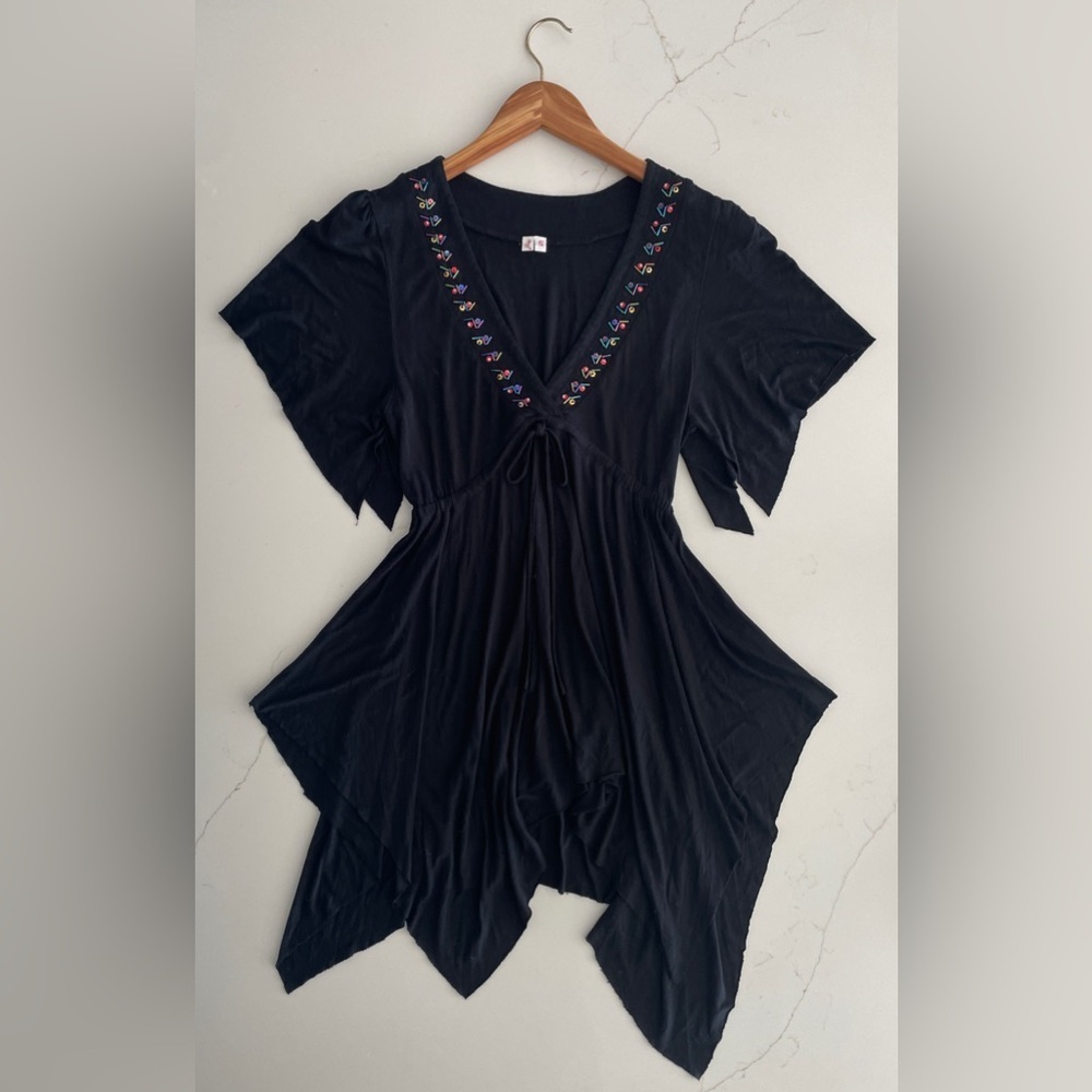 Vintage Joie Asymmetrical Empire Waist V-Cut Beaded Blouse or Dress in Black Sma